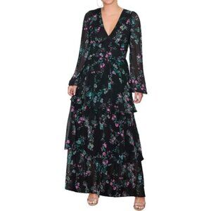 NEW Rachel Rachel Roy Metallic Chiffon Maxi Dress Black Holiday Bouquet Size 4